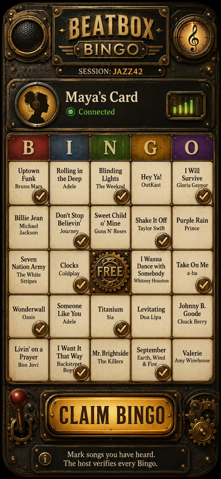 Example Beatbox Bingo player card on a phone